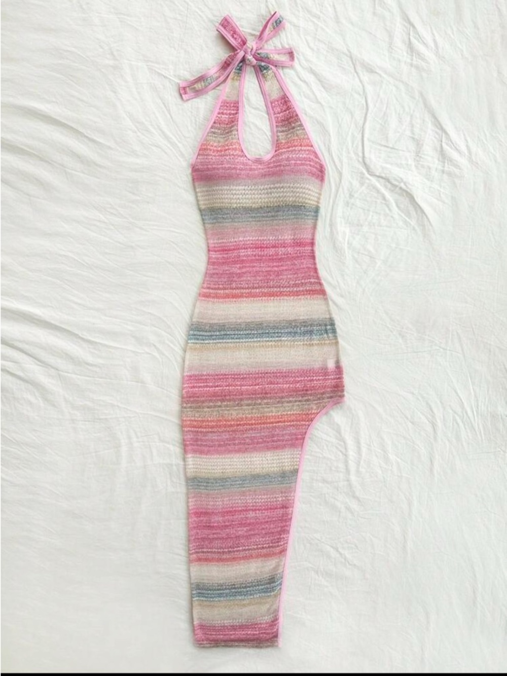 Pastel Striped Knit Cover-Up – Long Halter Beach Dress (XS)